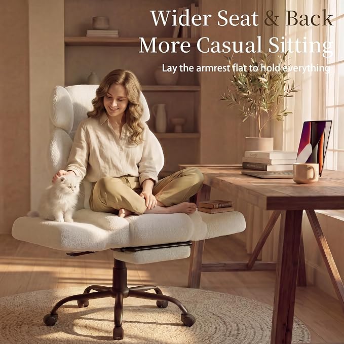 Office Chair with Flip Armrests,Big and Tall Office Chair with Foot Rest,Extra Wide Seat & Lumbar Pillow,Ergonomic Computer Gaming Chair,Comfy Criss Cross Chair for Pets Sitting,Teddy Fleece,White