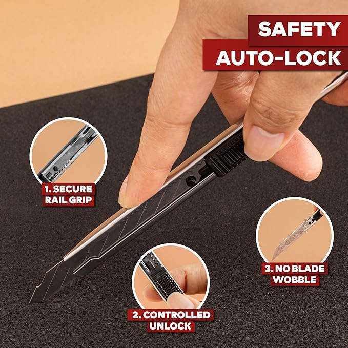 XFasten Snap Off Utility Knife Retractable 3-Pack 9mm Retractable Box Cutter Craft Knife with 30pcs 30 Degree Snap Off Blades Stainless Steel Craft Knives for Vinyl, Cardboard, Window Tint Cutter