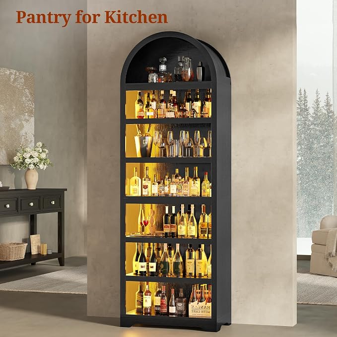 79.4"Tall Arched Cabinet,Bookcase with storage,Mid-Century Modern 7-Tier Bookshelf with RGB Light,2 Book Risers,Adjustable Shelf offering more space for Living Room,Kitchen,Home Office (Black)