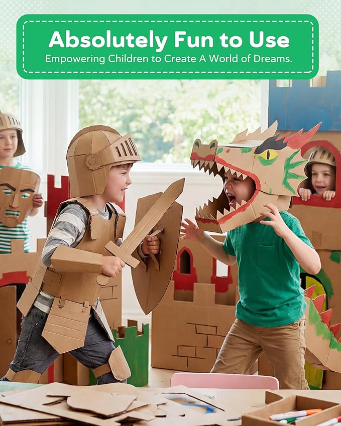 Dinosaur Kids Cardboard Cutter for Ages 3+, Safe Bladeless Power Tool for Cardboard Crafts, DIY STEM & STEAM Educational Construction Kit, Creative Upcycling Gift Toy for Boys & Girls