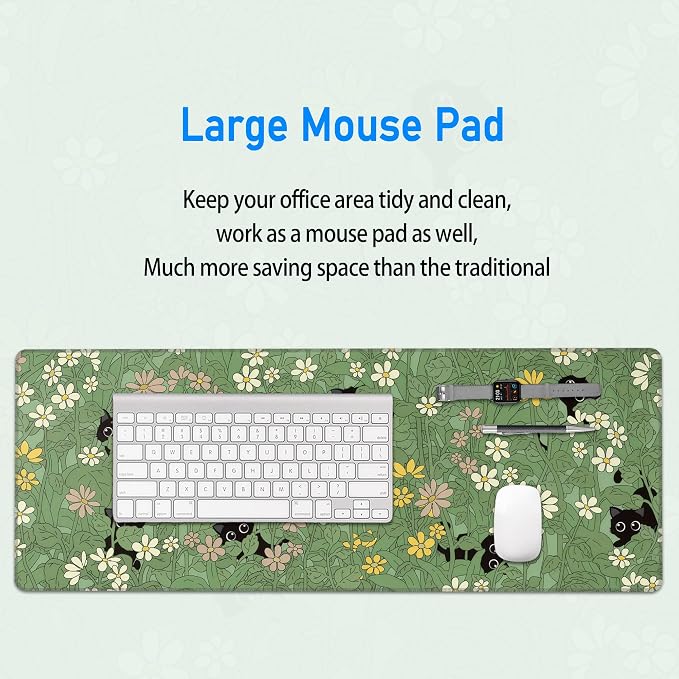 Green Wild Grass Flower Desk Mat,Black Cat Large Mouse Pad,31.5x12in | Cute Kitty Extended Gaming Keyboard Mat,XL Kawaii Anime Plant Mousepad with Non-Slip Base and Stitched Edge,80 x 30 cm