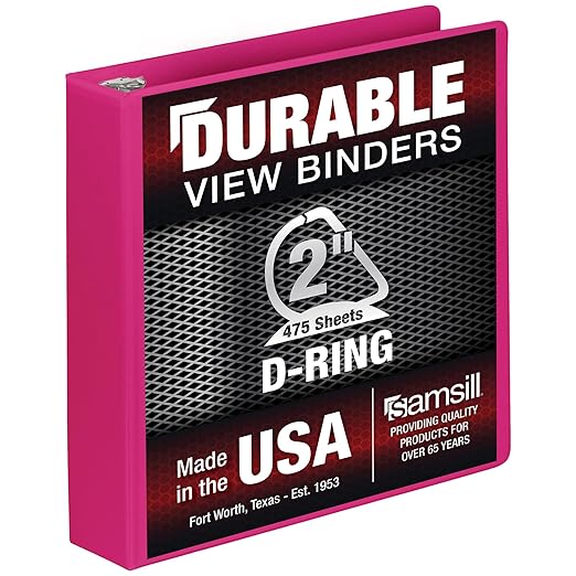 Samsill Durable 2 Inch Binder, D Ring Binder, Customizable Clear View Cover, Magenta, Holds 475 Pages