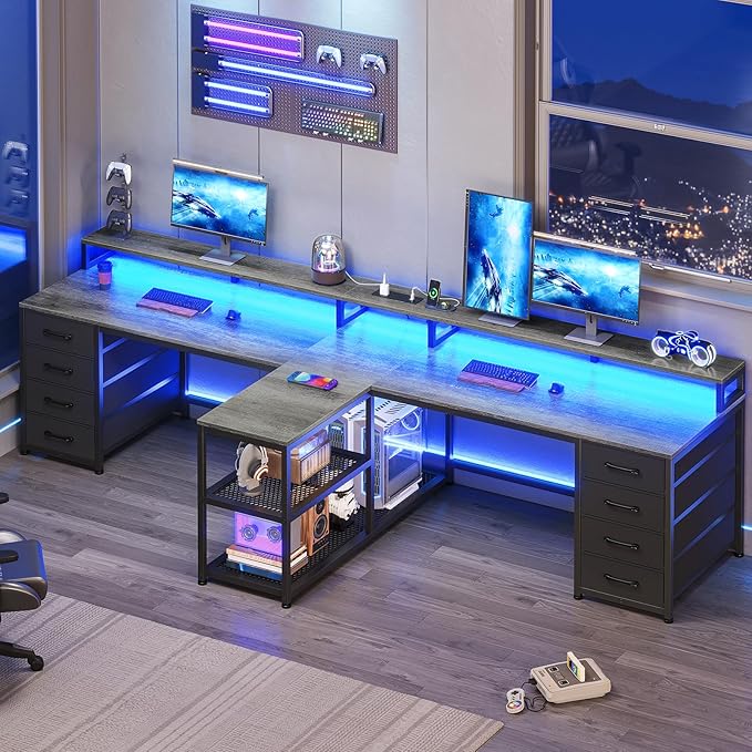 SEDETA 94.5" 2 Person Gaming Desk, Long Office Computer Desk with 8 Drawers & LED Lights, Two Person Desk with Storage, Power Strip & Monitor Stand for Home Office, Grey