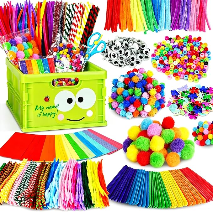 FUNZBO Arts and Crafts Supplies for Kids -Toddler Craft Kits | with Glue Stick Pipe Cleaners Popsicle Stickers Construction Paper Pom Poms & Googly Eyes, Birthday Gifts for Girls age 4+
