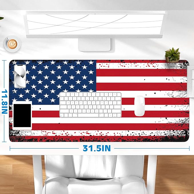 Gaming Desk Mat with Silky Smooth Surface & Exquisite Patterns,31.5x11.8 Inches Large-Sized Mouse Pad, Perfect for Extended Gaming,Work,and Home Office Decor (American Flag 3)