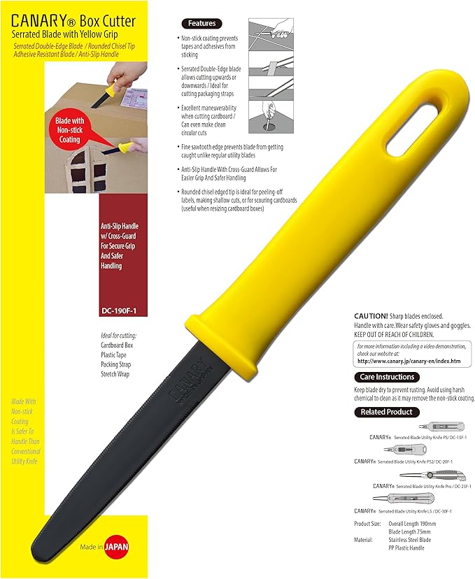 CANARY Cardboard Cutter with Non-Stick Coated Blade - 7.5" Box Cutter Utility Knife for Breaking Down Boxes & Opening Packages - Made in Japan, Yellow (Bulk 5-Pack)