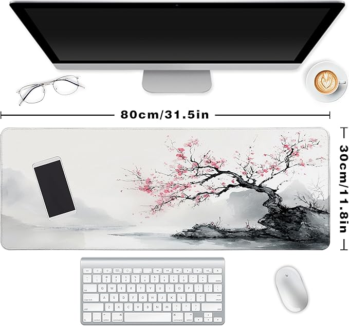 Long Gaming Mouse Pad Extended Anime Large Desk Pad with Non-Slip Base Full Keyboard Mat with Stitched Edges for Gaming and Office 31.5 x 11.8 inches (White Cherry Blossom)
