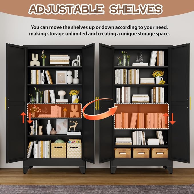 winiowa Tall Metal Kitchen Pantry Storage Cabinet with 2 Doors and 5 Adjustable Shelves - 75.2" Kitchen Cabinet with Gold Handles for Kitchen, Bathroom, Dining Room, Living Room - Black