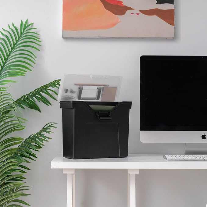 IRIS USA Slim Portable File Box Organizer with Lid, Letter Files, Black | Carry letter size files, folders and paperwork with a slim portable design and secure storage for everyday organization