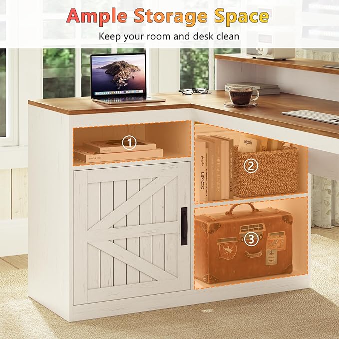 63" Farmhouse L Shaped Desk with Drawers and Printer Stand for Home Office | Computer Desk with Power Outlet, Home Office Desk with Storage Shelves and Monitor Stand, Brown and White