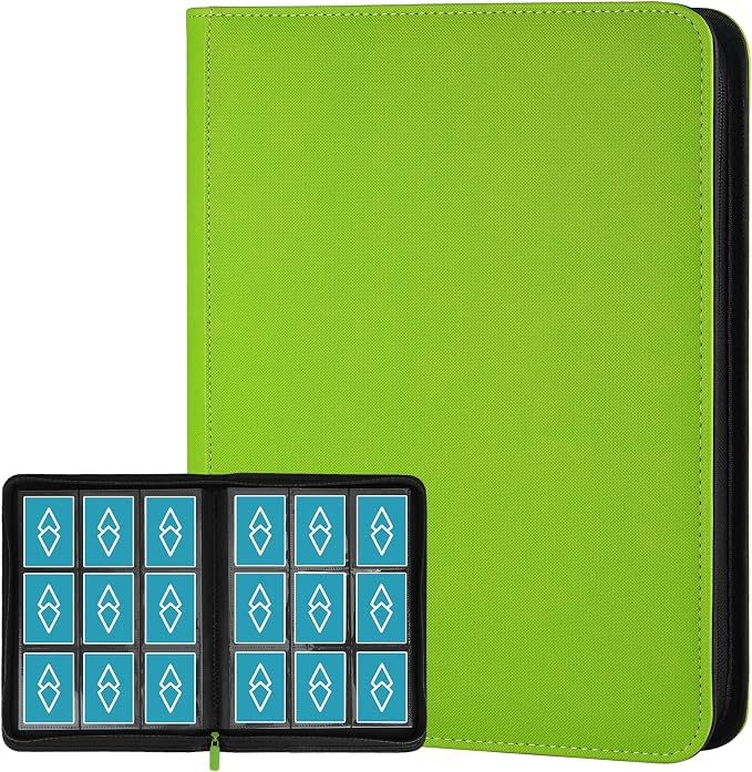 360 Cards Ringless 9-Pocket Side Loading Trading Card Binder, PU Zipper Fixed Page Card Album for TCG Sports Cards, Not Fit Top Loaders (Grass Green)