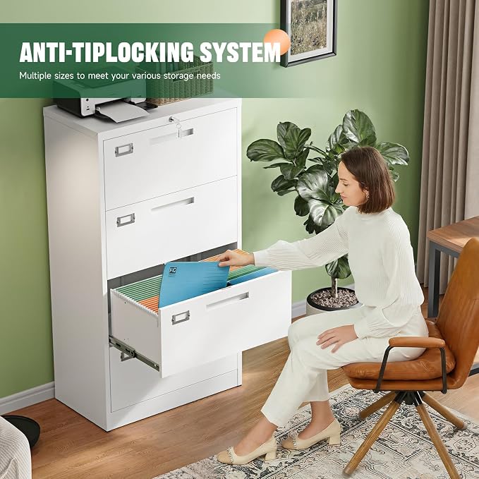 4 Drawer File Cabinets with Lock,Metal Lateral Filing Storage Cabinet Printer Stand,White Steel Home Office Cabinet for Hanging Files Letter/Legal/A4 Size (White, H51.73×W28.35×D15.74)