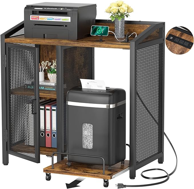 Unikito Large Printer Stand with Power Outlet and Adjustable Storage | Printer Table With Paper Shredder Stand On Wheel, File Cabinet with PC Tower Shelf for Home Office, Rustic Brown