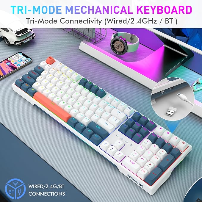 Redragon K668 PRO Wireless 108-Key Gasket RGB Gaming Keyboard, 4 Hotkeys | Extra Shortcut Keys, 0-Delay Tri-Mode, Cushioned Noise Dampening for Creamy Thocky Sound, Unfaded PBT Keycaps, PRO Software