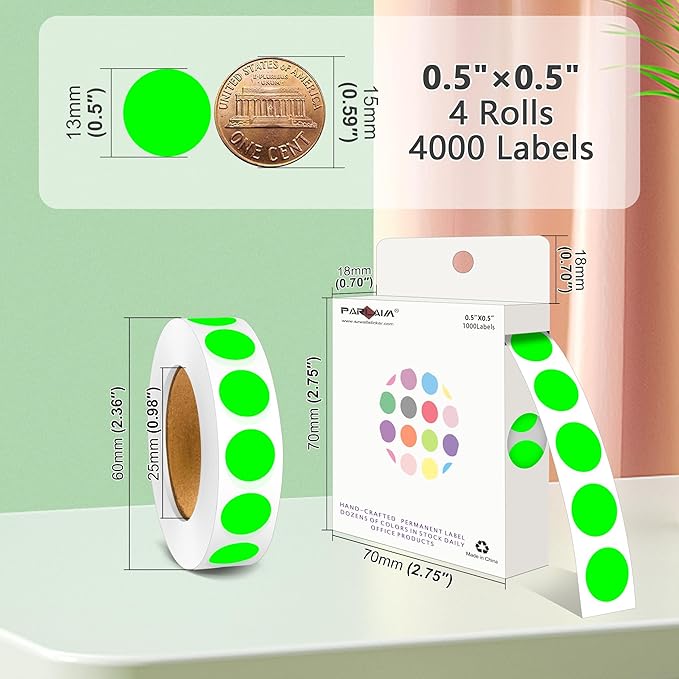 PARLAIM 4000 Pack Fluorescent Green Dot Stickers, 1/2 inch Round Circle Label 4 Rolls Permanent Adhesive Color-Code Sticker Labels in Dispenser Box
