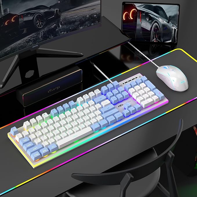 MageGee GT838 Gaming Keyboard and Mouse Combo, 104 Keys RGB Backlit Quiet Wired Keyboards for Laptop PC MAC, with Number Pad, Metal Panel, Anti-Ghosting, White Blue