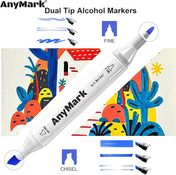 AnyMark Alcohol Markers, 80 Colors Dual Tip Art Coloring Markers Set for Adult Book Drawing Sketching Painting, Chisel & Fine, White Penholder