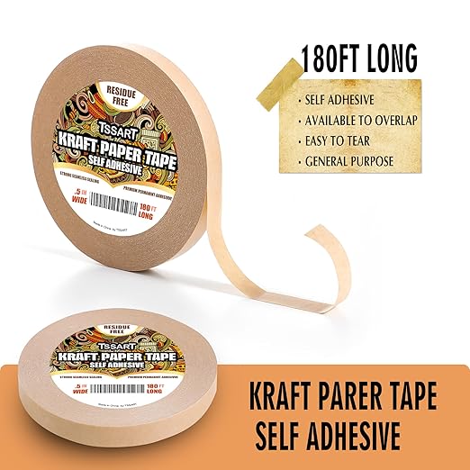 Kraft Paper Tape K49 - Self Adhesive Brown Frame Backing Tape Packing Tape with Oxidation Resistance for Picture Framing, Masking, Sealing and Packaging Use - 1/2inch Wide 180FT Long