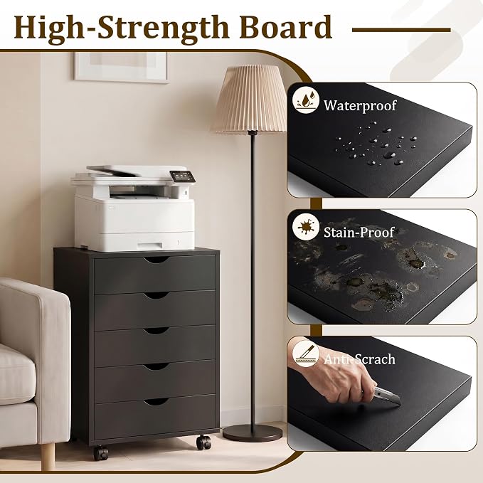 5 Drawer File Cabinet with Wheels, Under Desk Storage Drawers, Black | 5 Drawers File Cabinet with Wheels for Under Desk Storage, Office Organization and Small Printer Stand