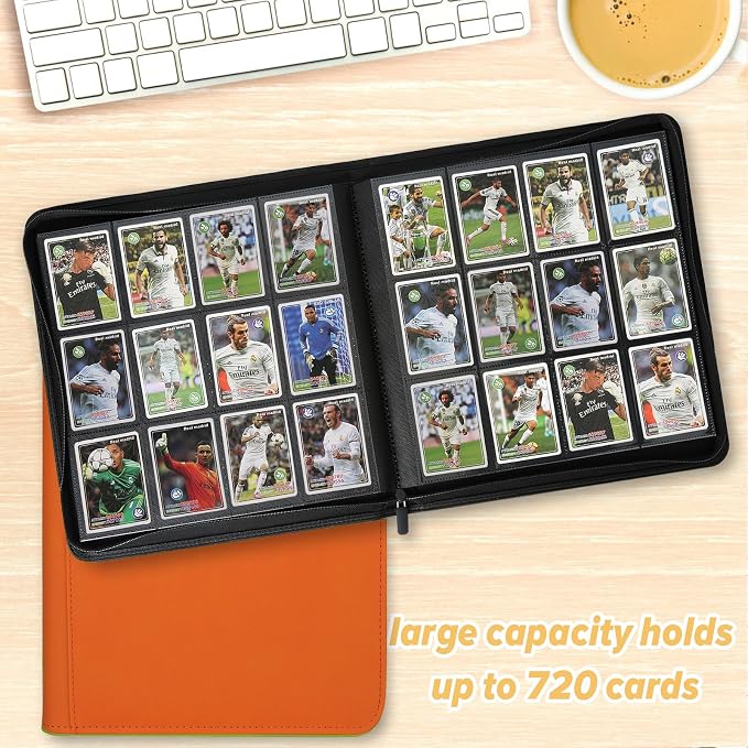 12 Pocket Ringless Side Loading Trading Card Binder, 720 Cards PU Fixed Page Zipper Card Album for TCG Sports Game Cards, Not Fit Top Loaders (Orange)