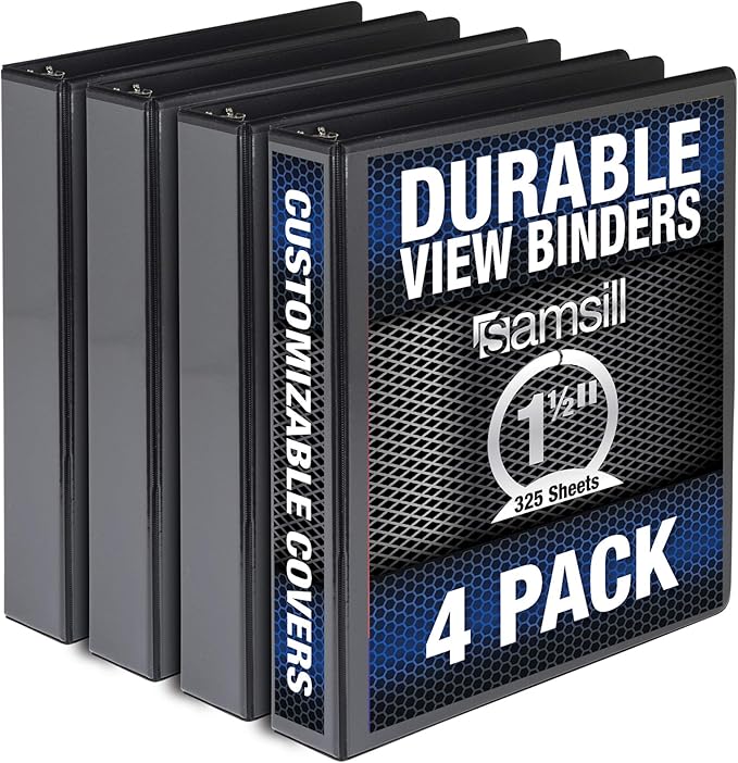 Samsill 4 Pack Durable 1.5 Inch 3 Ring Binders, Round Ring, Clear View Cover for Presentations, Black