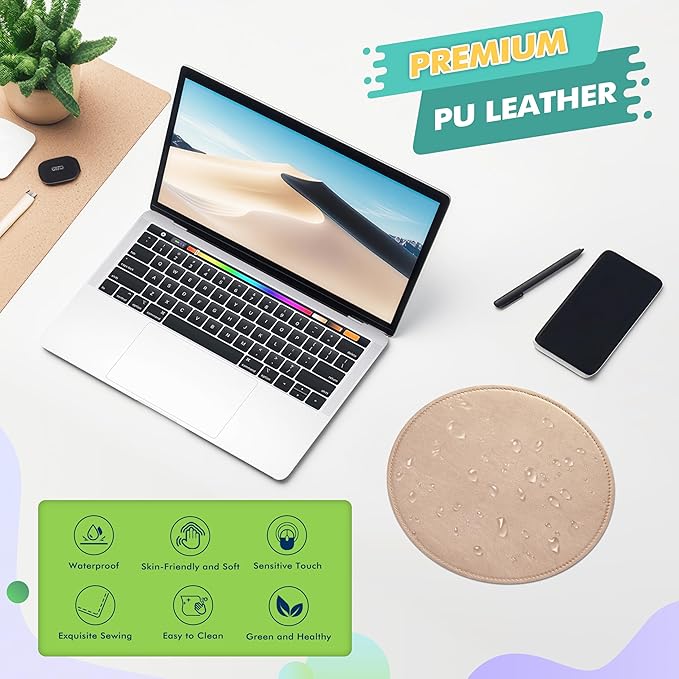 PU Leather Mouse Pad With Stitched Edge Micro-Fiber Base - Non-Slip Waterproof for Computers, Laptop - Round 9 x 9 Inch (Champagne Gold)