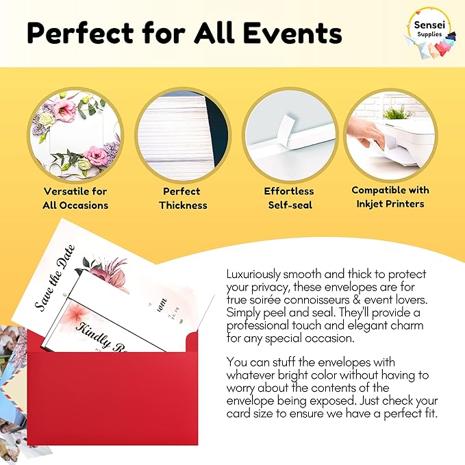 110 5x7 Red Invitation Envelopes - for 5x7 Cards - A7 - (5 ¼ x 7 ¼ inches) - Perfect for Weddings, Graduations, Baby Showers - 120 GSM - 32lb/80lb Text - Peel, Press & Self Seal - Square Flap