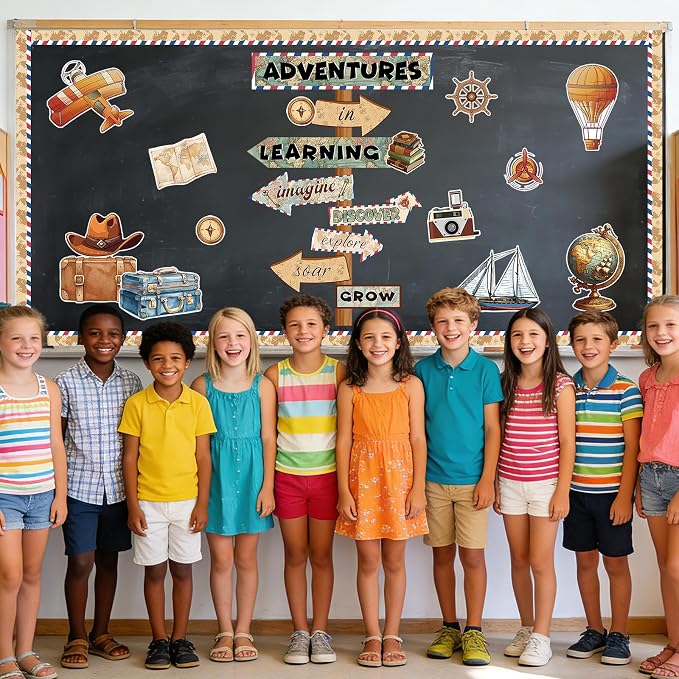 46Pcs Travel Theme Bulletin Board Decorations Set, Retro Adventure Map Classroom Bulletin Boards Decor, Motivational Reading Bulletin Borders for Classroom Elementary Back to School Office Wall Door