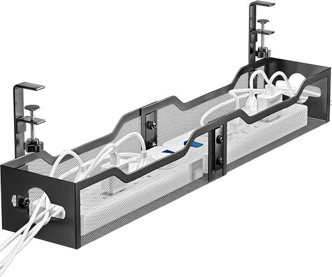 Under Desk Cable Management Tray 32'', Cable Management Under Desk No Drill, Cable Organizer with Clamp for Wire Management, Cord Organizer for Office, Home - No Damage to Table (Black)