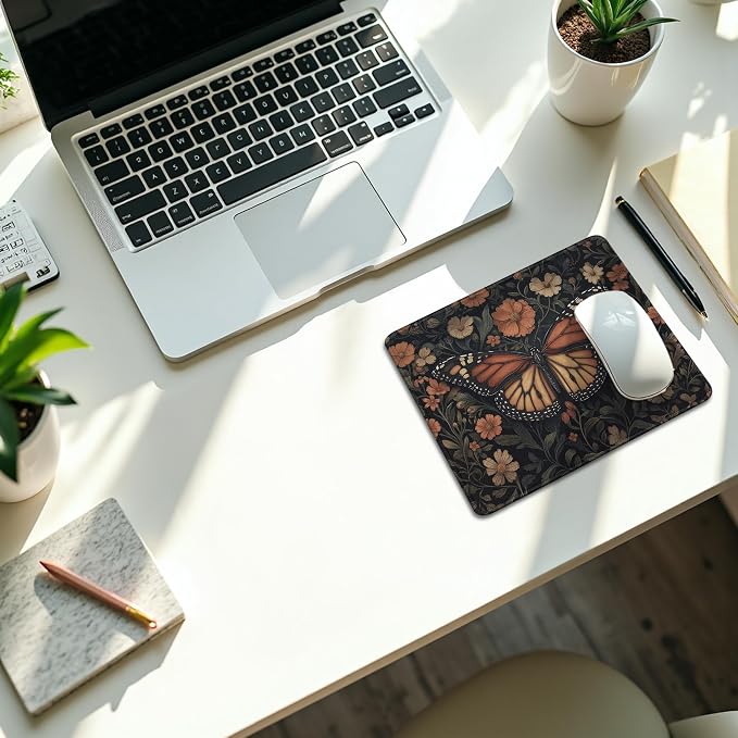 Moody Floral Butterfly Mouse Pad, Dark Contemporary Botanical Butterfly Mouse Pads Mousepad for Desk Home Office Dorm Laptop, Gothic Nature Desk Accessories, 9.5x7.9 Inch