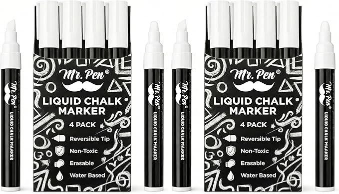 Mr. Pen- White Chalk Markers for Blackboard, 8 Pack, Reversible Tip, White Liquid Chalk Marker, Non-Toxic Liquid Chalkboard for Windows and Glass, Erasable Markers