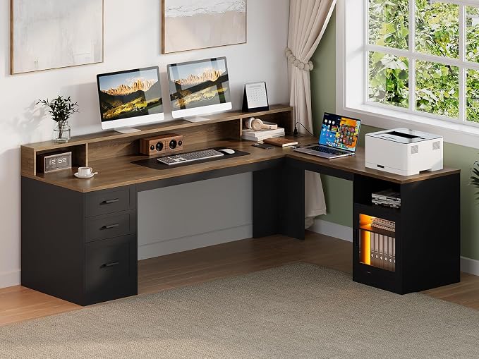 63" L Shaped Desk with Drawers, Corner Desk with File Cabinet | LED L Shaped Office Desk with Storage, Wooden L Shaped Executive Desk with Power Outlet & Monitor Stand, Black and Walnut