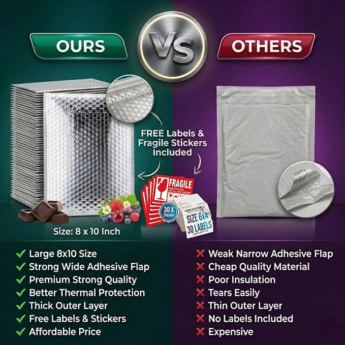 Thermal Mailers 8x10 Inch (30 Pack) with Thermal Labels & Fragile Stickers - Insulated Bubble Mailers for Cold Shipping - Waterproof Self-Seal Insulated Bags - Cold shipping supplies