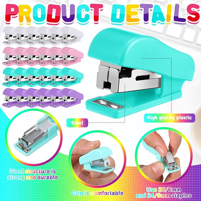 Fainne 45 Pcs Mini Stapler Bulk with Staples Back to School Portable Multicolor Small Stapler Bulk Hand Held Desk Staplers Cute School Supply Set for Office Teacher College (Stylish Color)