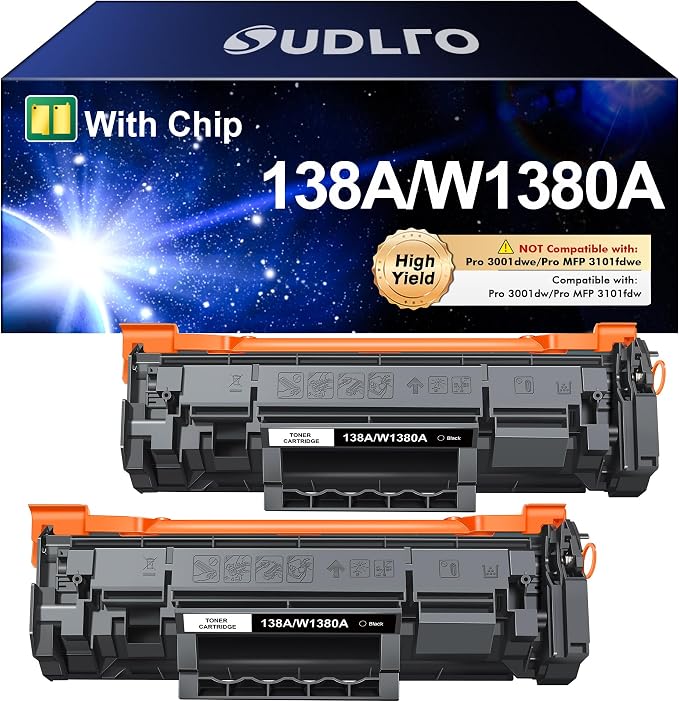 138A W1380A Black Toner Cartridge (with Chip) - W1380A 138X | Replacement for HP 138A W1380X Toner Cartridge Work for HP Pro 3001dw 3001fdw MFP 3101fdw Series Printer Ink ( 2-Pack )