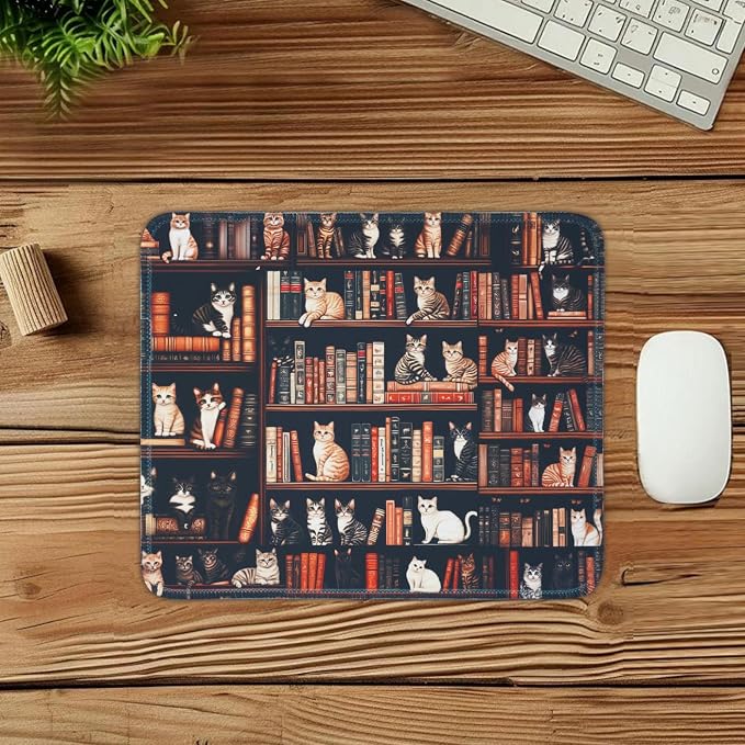 Mouse Pad for Desk with Stitched Edge, Premium Cute Washable Mouse Pads. Computer Mousepad with Non-Slip Rubber Base, Mousepads for Laptop, 9.25x7.75x0.12 inch (Cat Library)