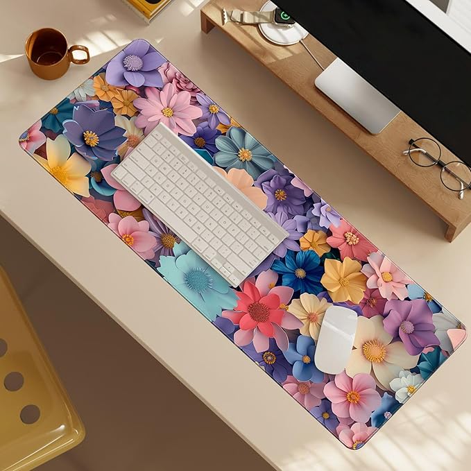 Flower Topics Mouse Pad 31.5 X 11.8 Inch Gaming Mousepad Keyboard Pad Large Non-Slip Rubber Base Mice Mat with Stitched Edges for Home Office Computer Desk Decor