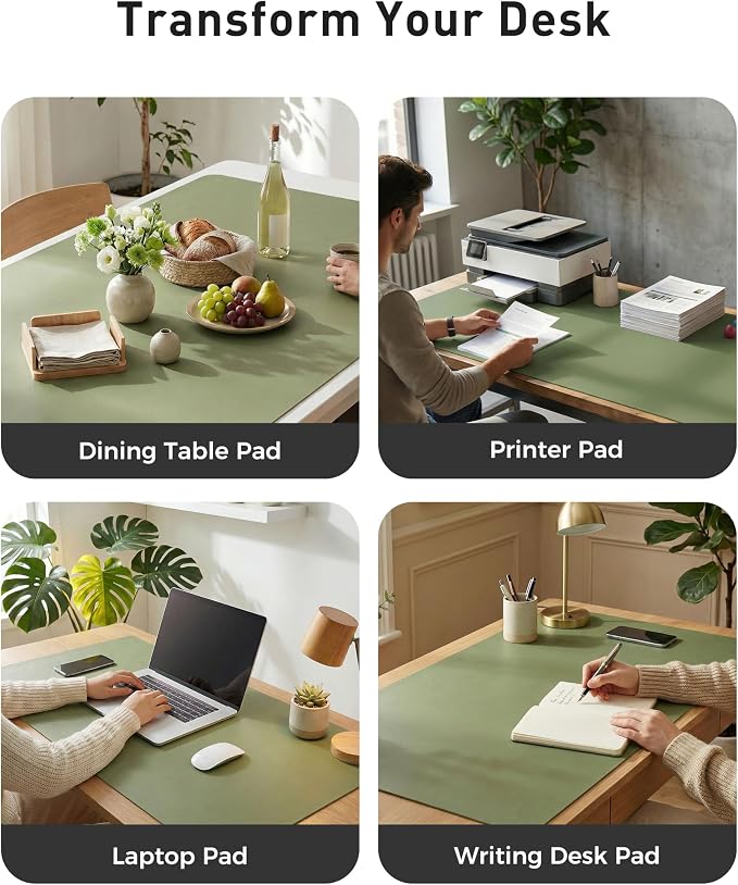 Aothia Faux Leather Desk Mat - Large Mouse Pad, Non-Slip PU Leather Blotter, Waterproof Writing Surface for Office and Home (Olive Green, 42" x 17")
