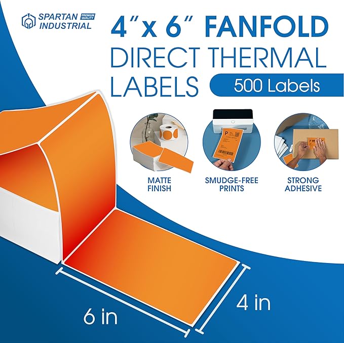 Spartan Industrial - 4" X 6" Orange Direct Thermal Fanfold Labels (500 Count, 1 Stack) - Printable Postage Shipping Labels, Package Identification - Compatible with Zebra and Rollo Printers
