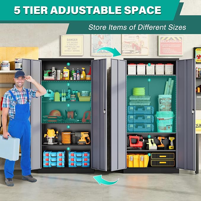 Wide & Deep Metal Storage Cabinet with Lock & Adjustable Shelves,72" Gray Garage Storage Cabinet with Locking Doors,Locking Metal Cabinets for Home,Office,Shop,Garage 72x36x18