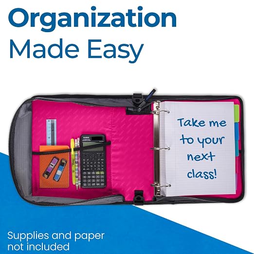 Case-it Universal Zipper Binder | 2-Inch O-Rings, 13-Inch Laptop/Tablet Padded Pocket, 400 Sheet Capacity, Multiple Storage Pockets & Shoulder Strap | School & Office Organizer | LT-007 Magenta