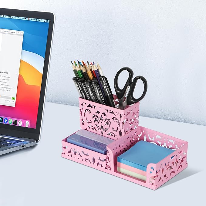 EasyPAG Desk Organizer 3 Compartment Pen Holder for Desk Office Supplies Caddy with Sticky Notes Holder for School Home, Pink