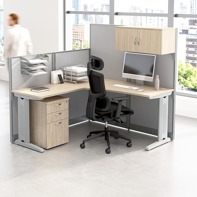 Bush Business Furniture 65-inch L Shaped Cubicle Desk with Storage, Drawers, and Organizers, Single Workstation, Office in an Hour Collection, Natural Elm