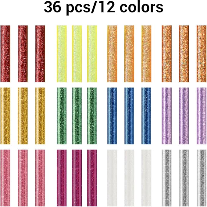 ENPOINT Glitter Color Hot Glue Sticks Full Size, 8" Long x 0.43" Dia 36 Pack Hot Melt Glue Sticks Bulk, Adhesive Glue Sticks Standard for Crafting DIY Art School Gluing Project Repair Sealing