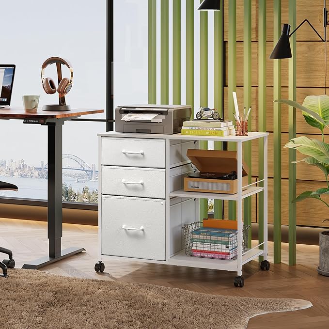 DEVAISE 3 Drawer Mobile File Cabinet with Open Storage Shelf | Rolling Printer Stand, Fabric Lateral Filing Cabinet fits A4 or Letter Size for Home Office, White With Texture
