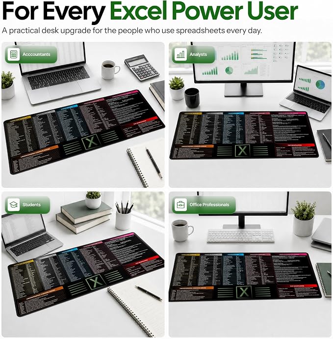 Large Excel Cheat Sheet Desk Pad | Excel Pad Shortcut Keys Mouse Mat - Extended Office Excel Mouse Pad with Excel Shortcuts & Formulas | Waterproof | XL Giant Deskpad for Desk 35.5" x 15.7"