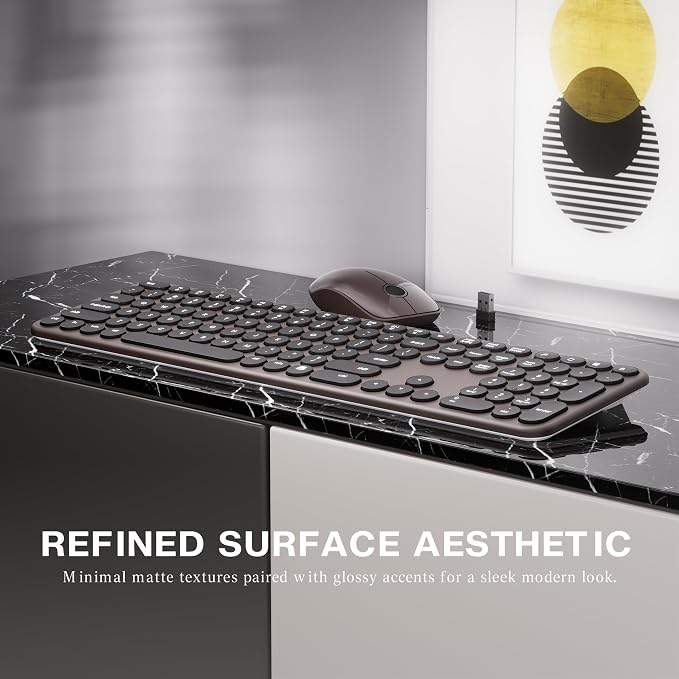 MPTOG Wireless Keyboard and Mouse Combo (Black Coffee) | Retro Round Typewriter Keys, 2.4G Silent Connection, Ergonomic Aesthetic Desk Set for Home Office, Laptop, PC, Mac