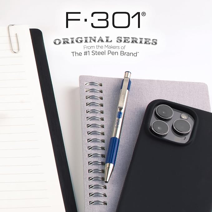 Zebra Pen STEEL F-301 Retractable Ballpoint Pen, Blue Ink, 0.7mm, 6-Pack | Stainless Steel Barrel, Non-Slip Grip, Easy-Glide Ink, Fine Point Tip, Includes a Bonus MILDLINER Highlighter (27193)