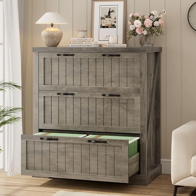 SEDETA File Cabinet for Home Office, Farmhouse 3 Drawer Filing Cabinet, Wood Office File Cabinets for Letter/Legal/A4 Size, Lateral File Cabinets with Printer Stand, Grey