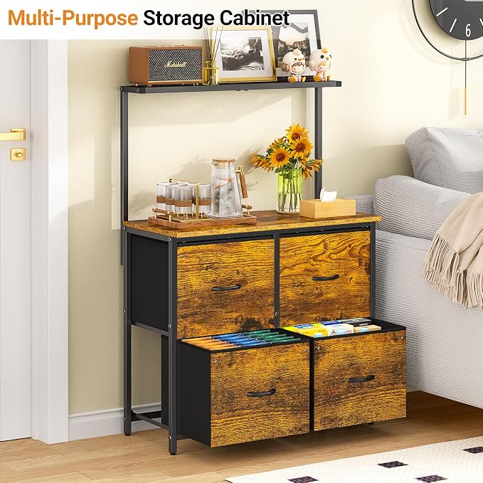 ThreeHio 4 Drawer File Cabinet, Lateral Filing Cabinets for Home Office, Large Printer Stand with Open Storage Shelf, Office Storage File Organizer Fit Hanging Letter/A4 Size Folders, Rustic Brown
